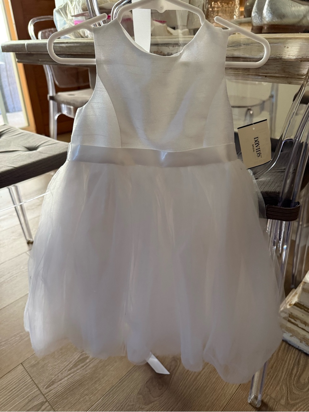 David's Bridal White Tulle Flower Girl Dress with Satin Waist - Picture 2 of 4